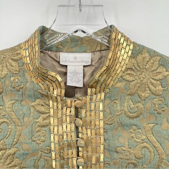 Soft Surroundings green gold floral brocade embellished evening blazer jacket S - Picture 3 of 16